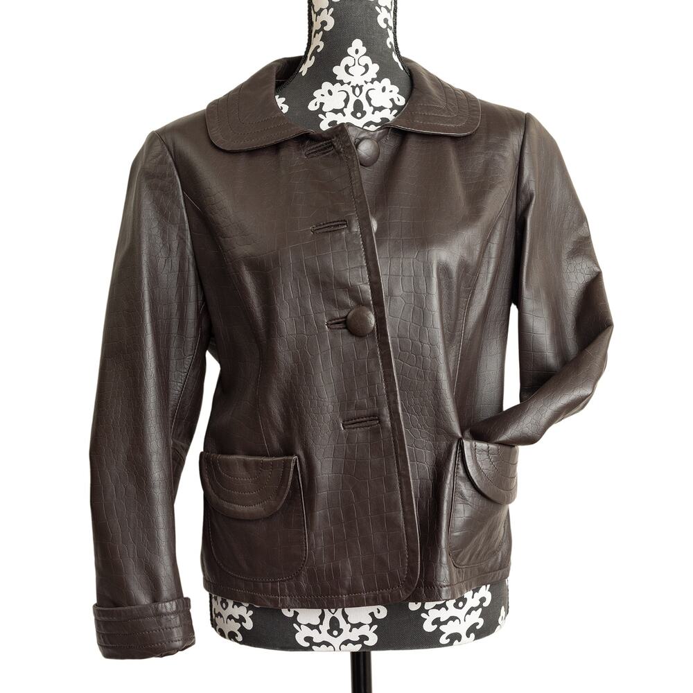 Rare Vintage Pendleton Petites Y2K Brown Crocodile Embossed Leather Jacket - L